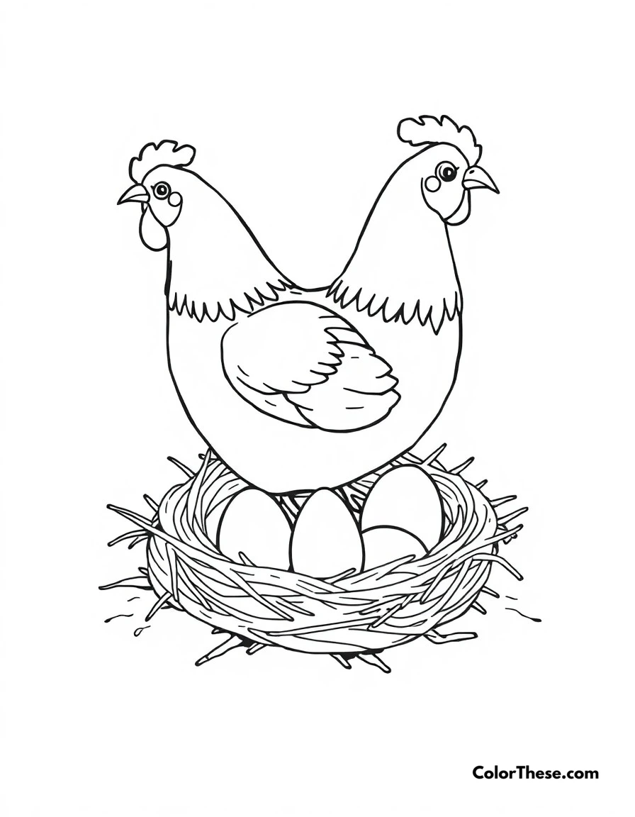Free printable chicken nesting time coloring page for kids and adults. A hen sitting on her nest, carefully tending to her eggs.