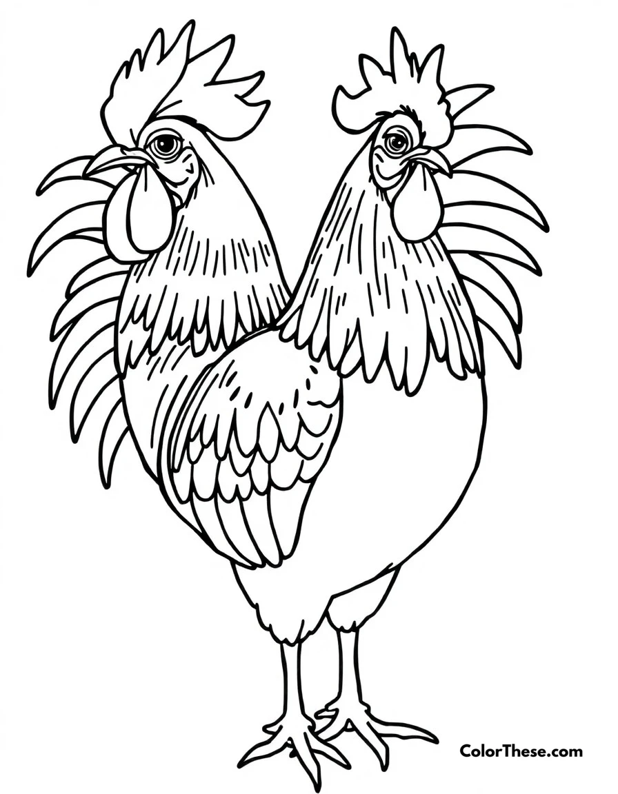 Free printable chicken rooster pride coloring page for kids and adults. A proud rooster showing off his colorful feathers and impressive comb.