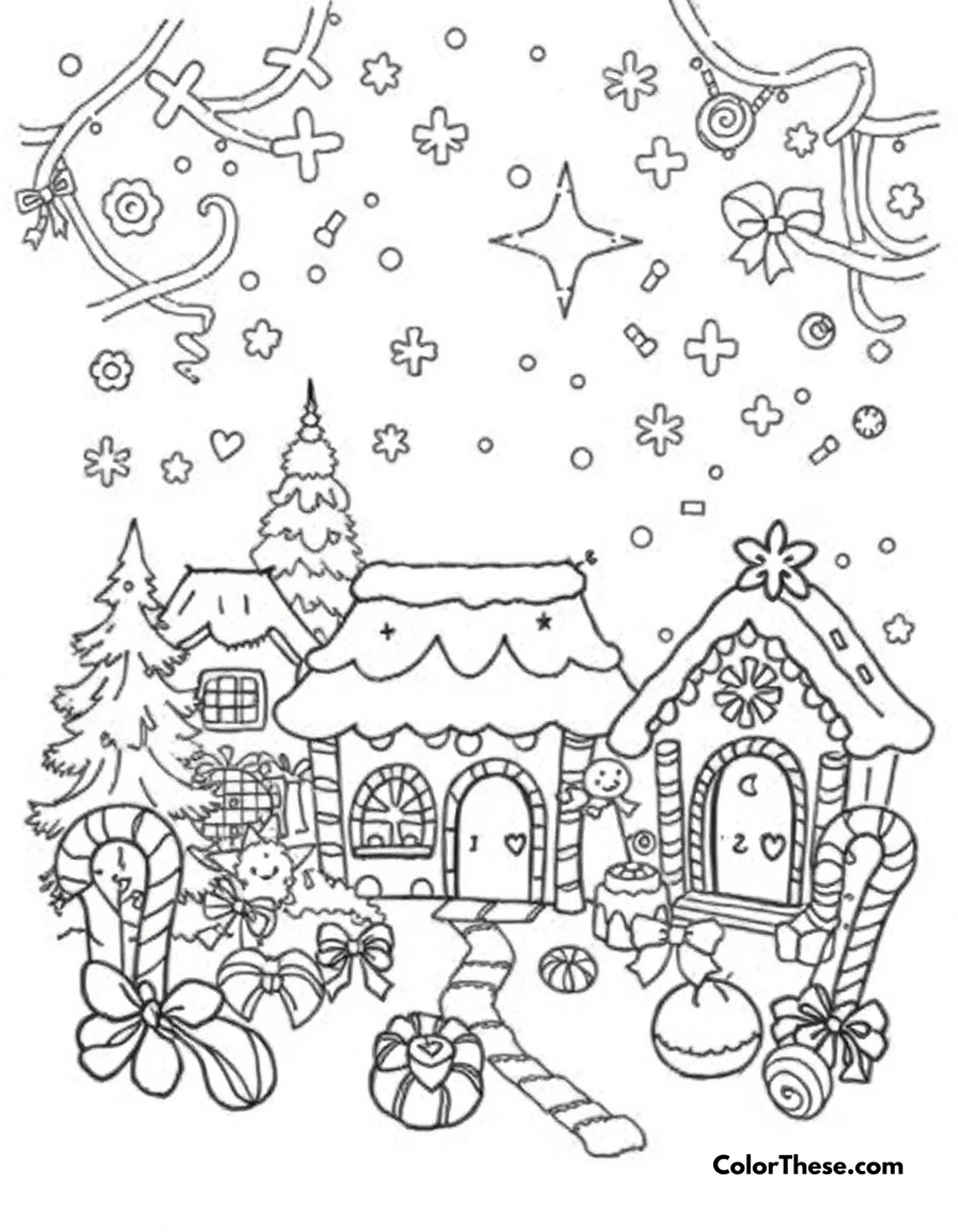 Free printable christmas candy land coloring page for kids and adults. A magical scene of candy canes, gingerbread houses, and sweet treats.