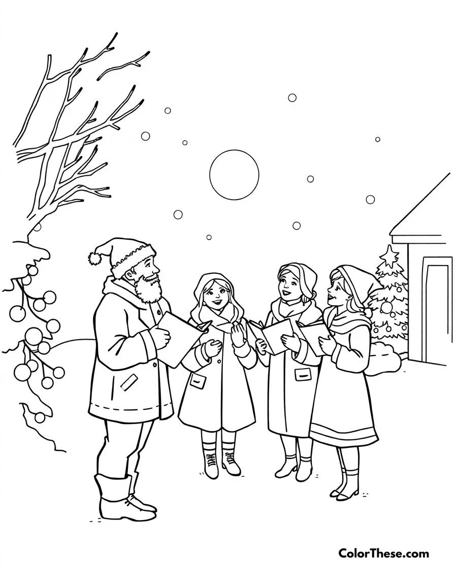 Free printable christmas carol singing coloring page for kids and adults. Carolers singing festive Christmas songs in the snowy evening.