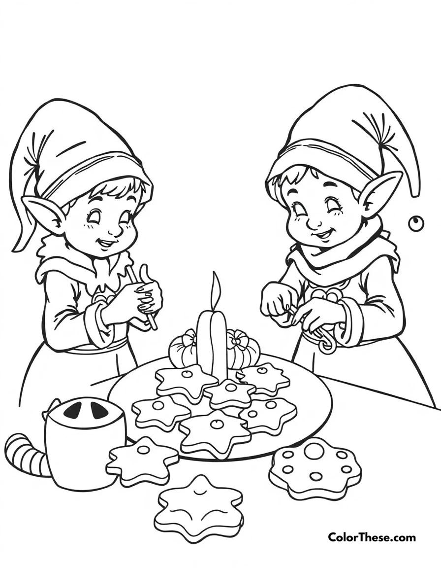 Free printable christmas cookie baking coloring page for kids and adults. Elves baking and decorating delicious Christmas cookies.