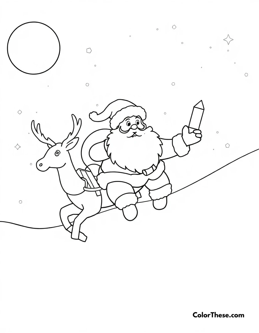 Free printable christmas eve delivery coloring page for kids and adults. Santa Claus and his reindeer flying through the night sky delivering presents.