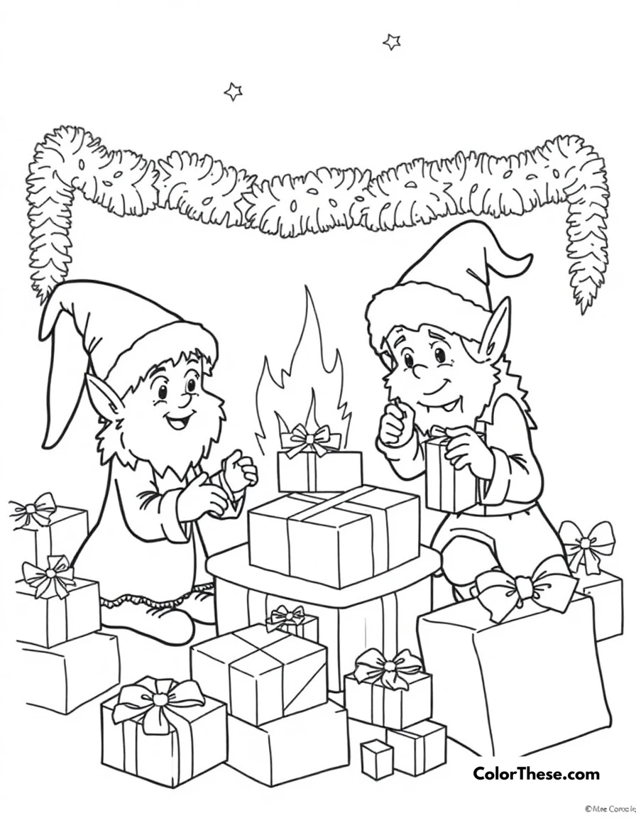 Free printable christmas elf workshop coloring page for kids and adults. Santa's elves busy making and wrapping presents for children.