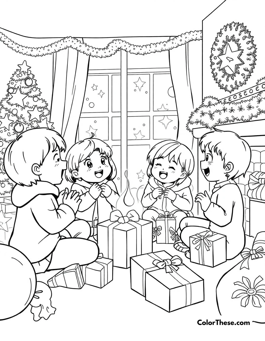 Free printable christmas morning joy coloring page for kids and adults. The excitement of Christmas morning as children discover their presents.
