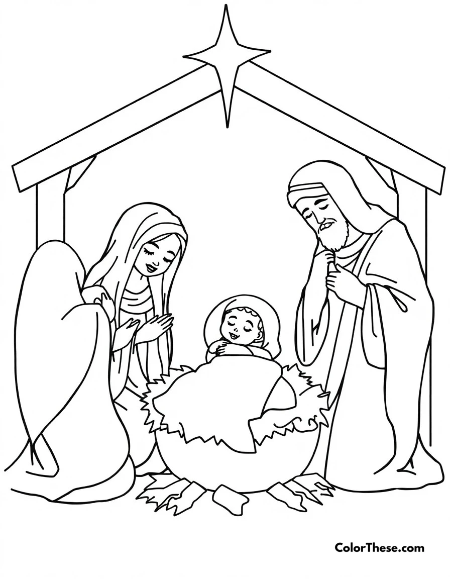 Free printable christmas nativity scene coloring page for kids and adults. The traditional nativity scene with baby Jesus, Mary, Joseph, and the three wise men.
