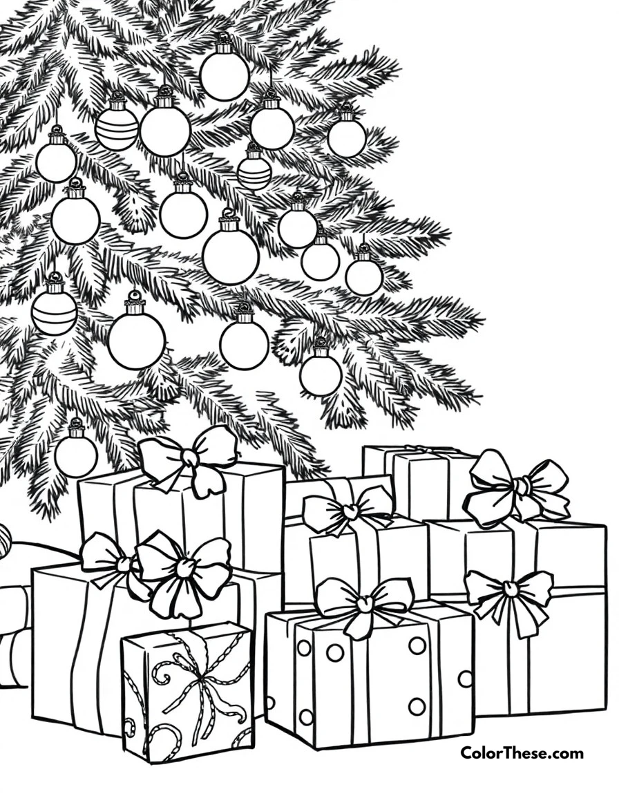 Free printable christmas present time coloring page for kids and adults. Beautifully wrapped Christmas presents under a decorated tree.