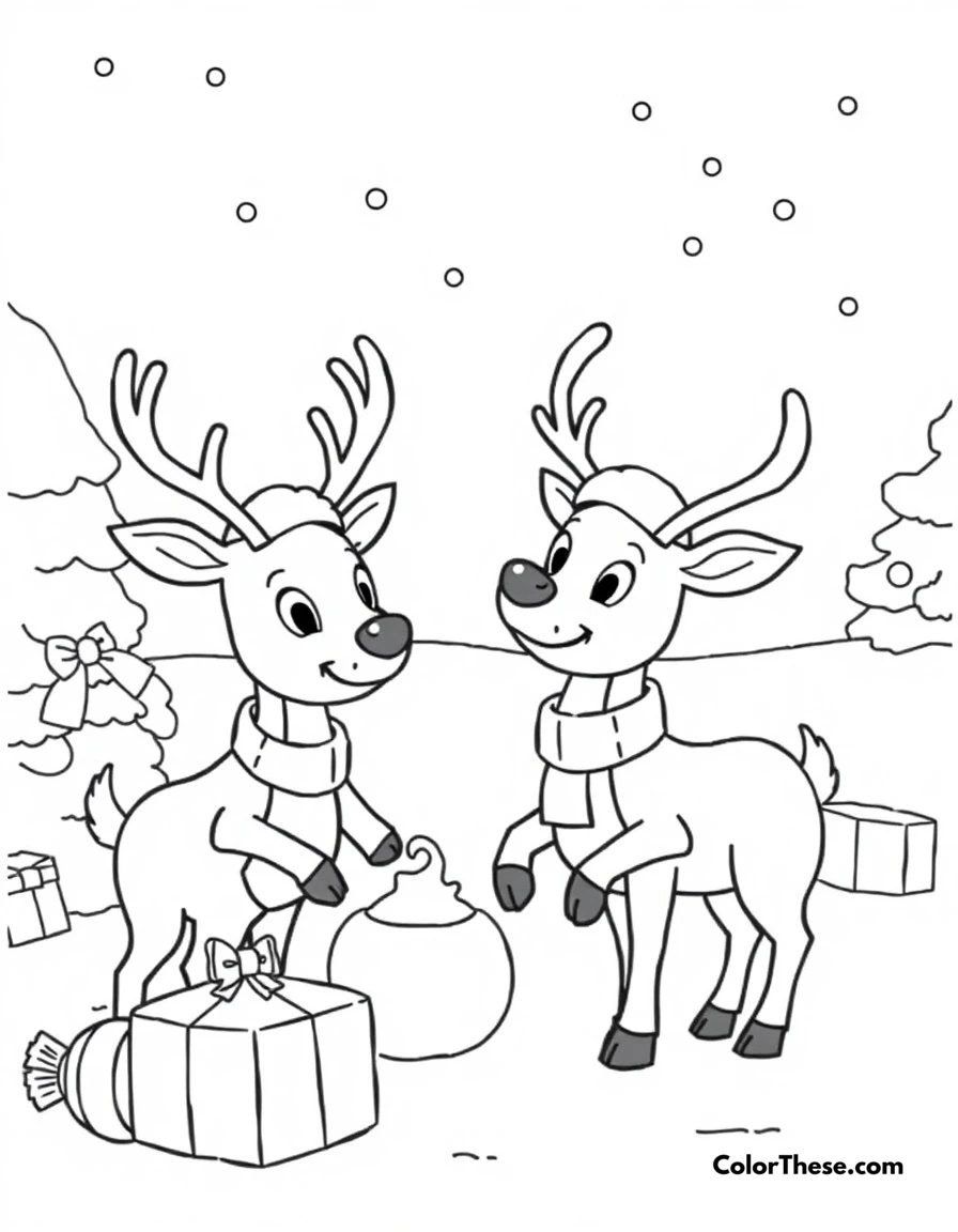 Free printable christmas reindeer games coloring page for kids and adults. Rudolph and the other reindeer playing festive games at the North Pole.