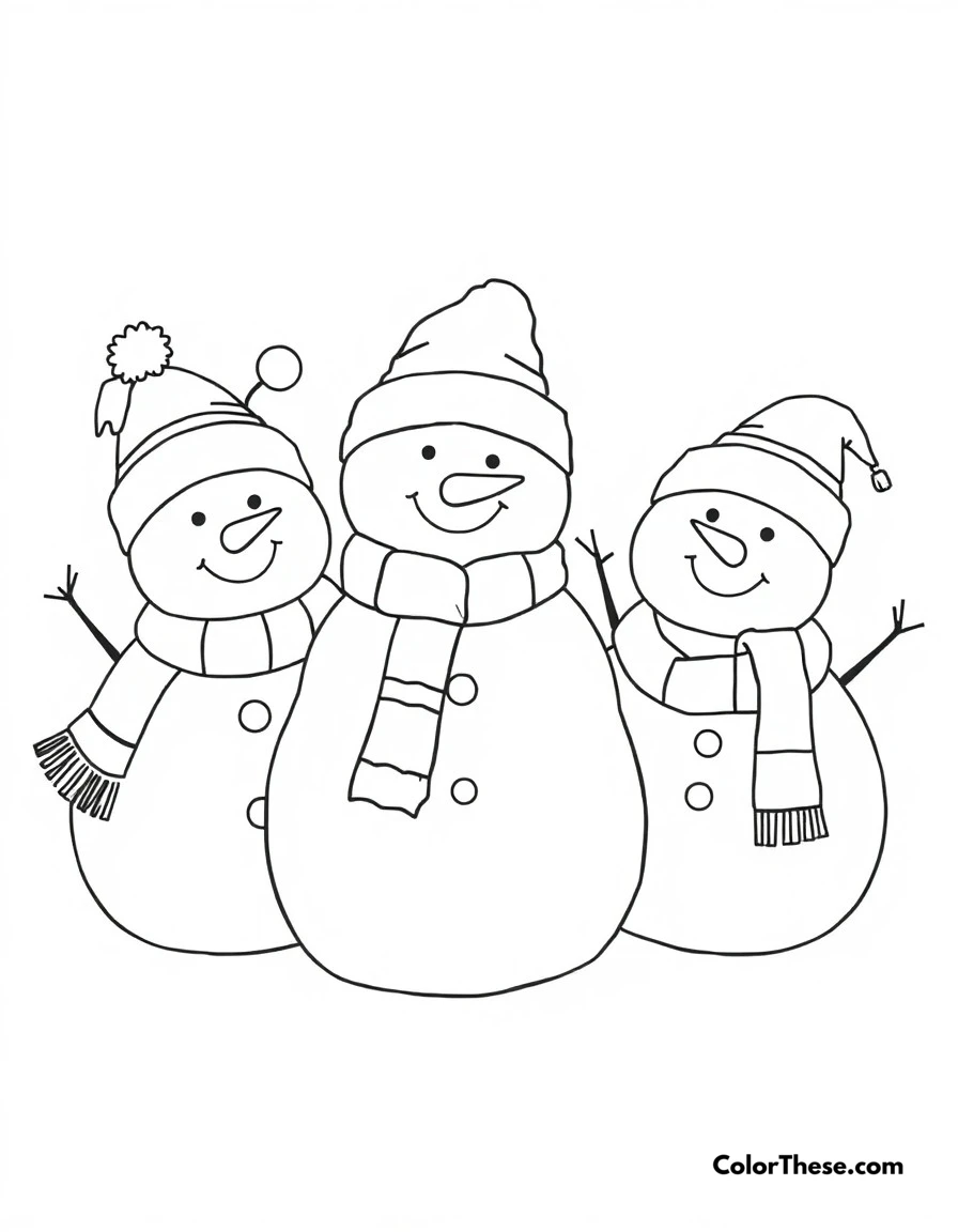 Free printable christmas snowman family coloring page for kids and adults. A cheerful family of snowmen wearing festive winter accessories.