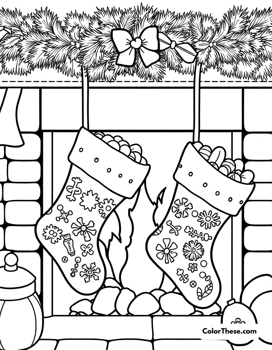 Free printable christmas stocking fun coloring page for kids and adults. Decorated Christmas stockings hanging by the fireplace filled with treats.