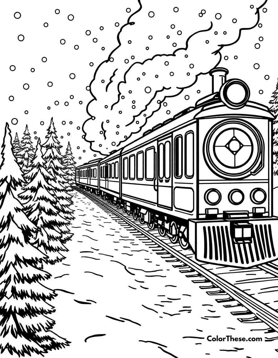 Free printable christmas polar express coloring page for kids and adults. The magical Polar Express train traveling through a snowy Christmas night.