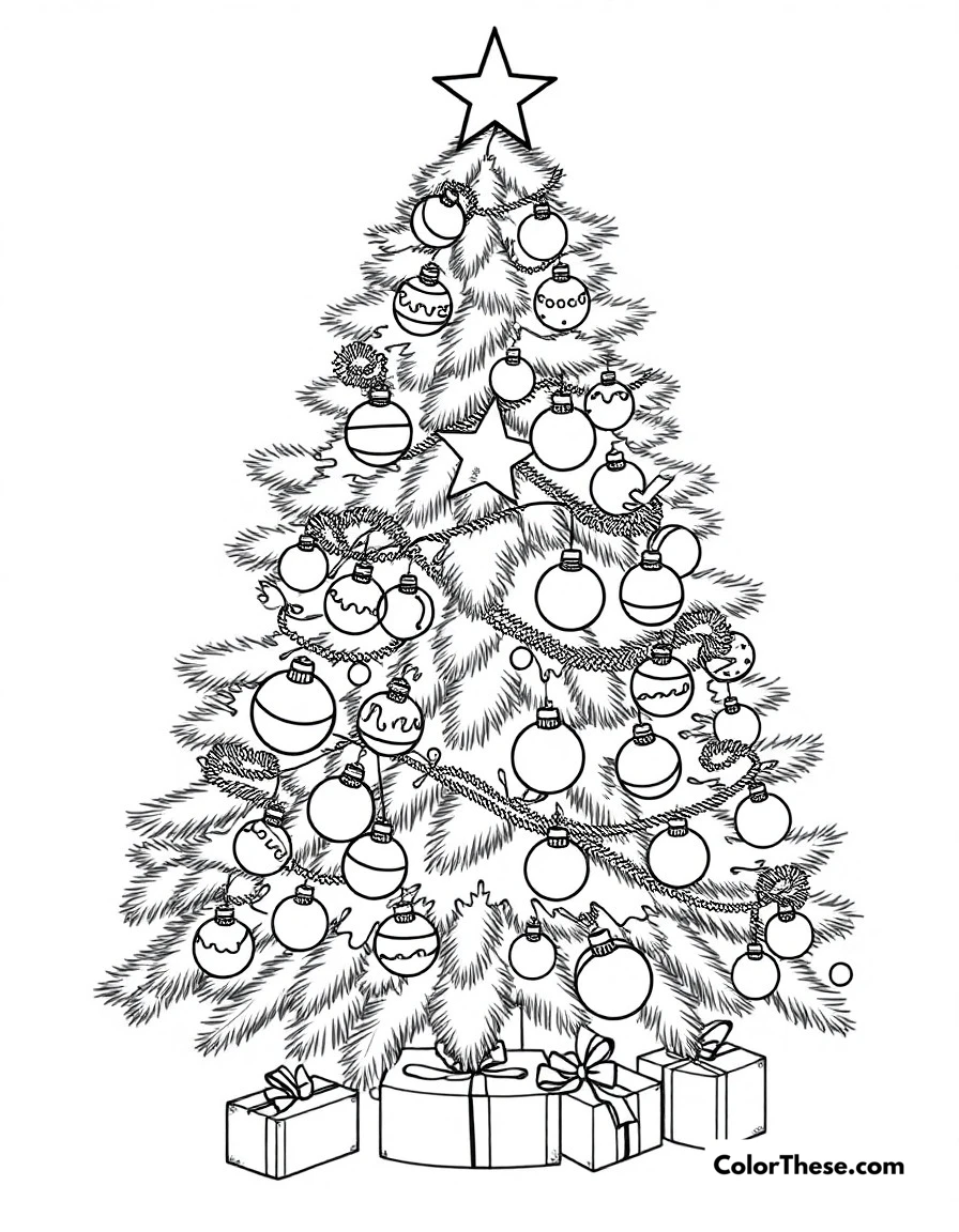 Free printable christmas tree decorating coloring page for kids and adults. A beautiful Christmas tree being decorated with ornaments, lights, and tinsel.