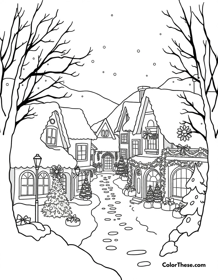 Free printable christmas winter village coloring page for kids and adults. A cozy winter village decorated for Christmas with lights and decorations.