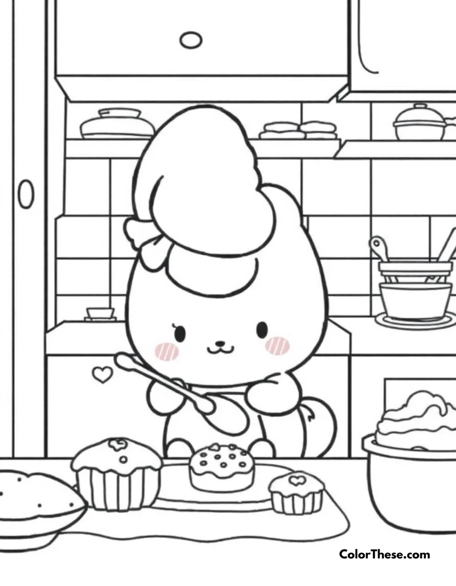 Free printable cinnamoroll baking time coloring page for kids and adults. Cinnamoroll having fun baking sweet treats in the kitchen.
