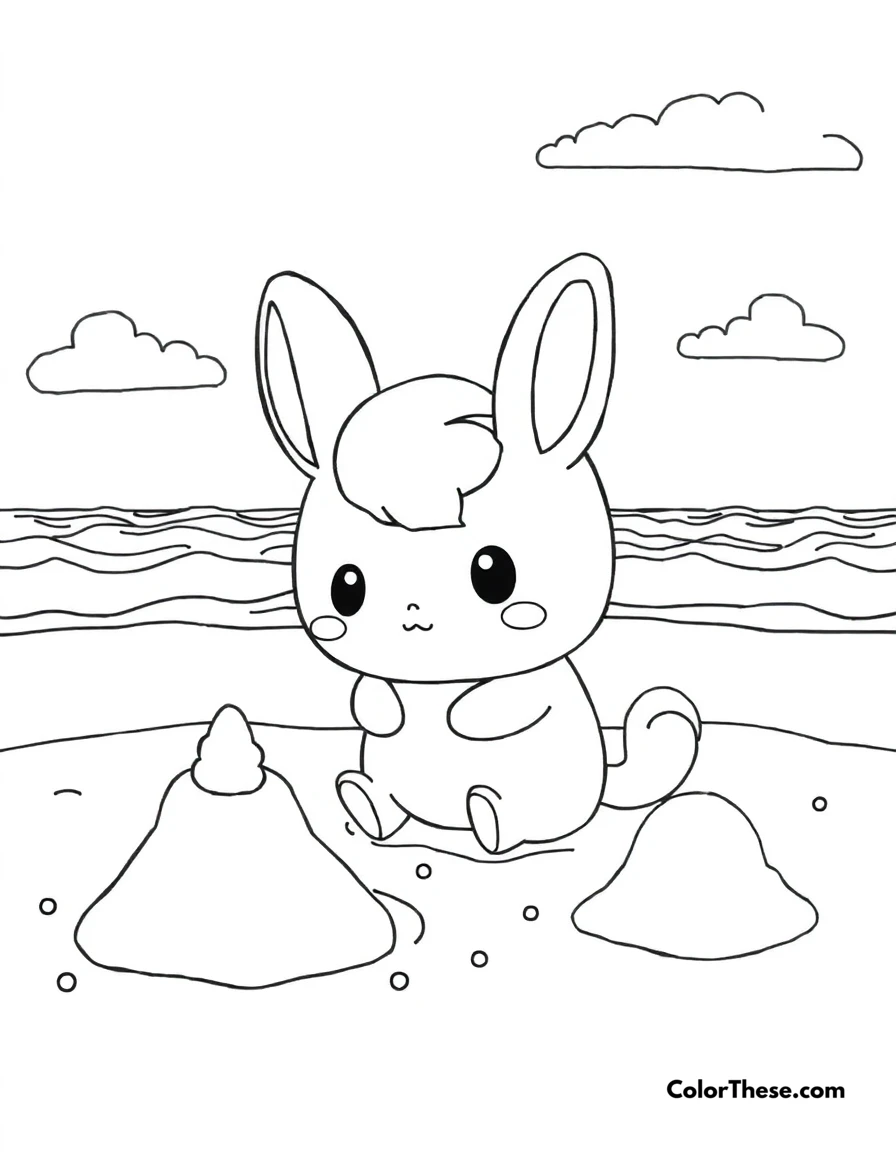 Free printable cinnamoroll beach day coloring page for kids and adults. Cinnamoroll having fun at the beach with sand castles and waves.
