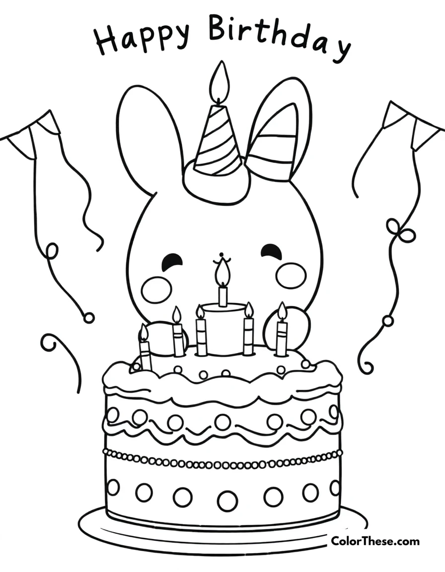 Free printable cinnamoroll birthday party coloring page for kids and adults. Cinnamoroll celebrating a happy birthday with cake and decorations.