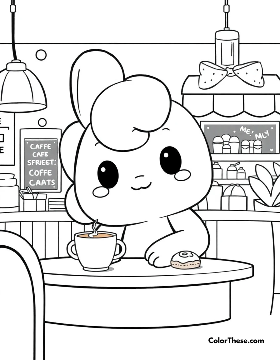 Free printable cinnamoroll cafe time coloring page for kids and adults. Cinnamoroll enjoying time at his favorite cafe with coffee and sweets.