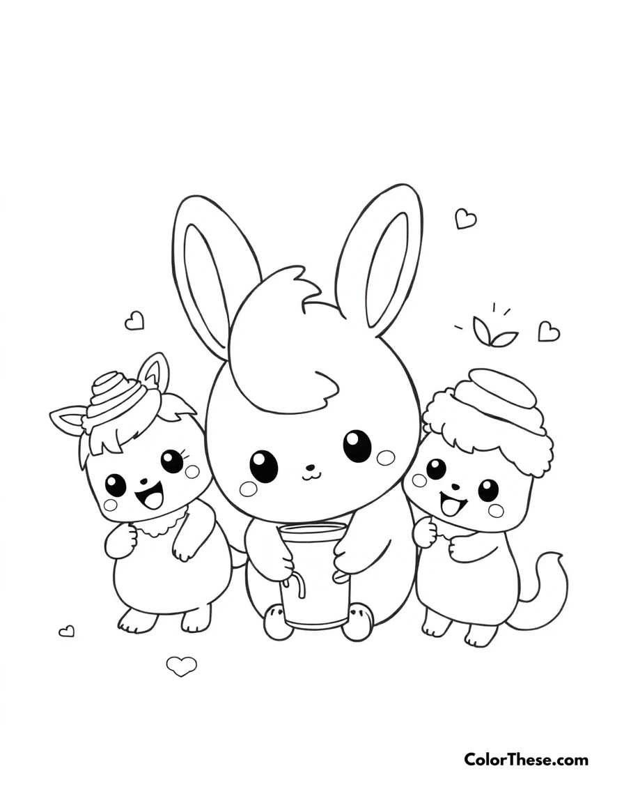 Free printable cinnamoroll and friends coloring page for kids and adults. Cinnamoroll playing with his best friends Mocha, Cappuccino, and others.