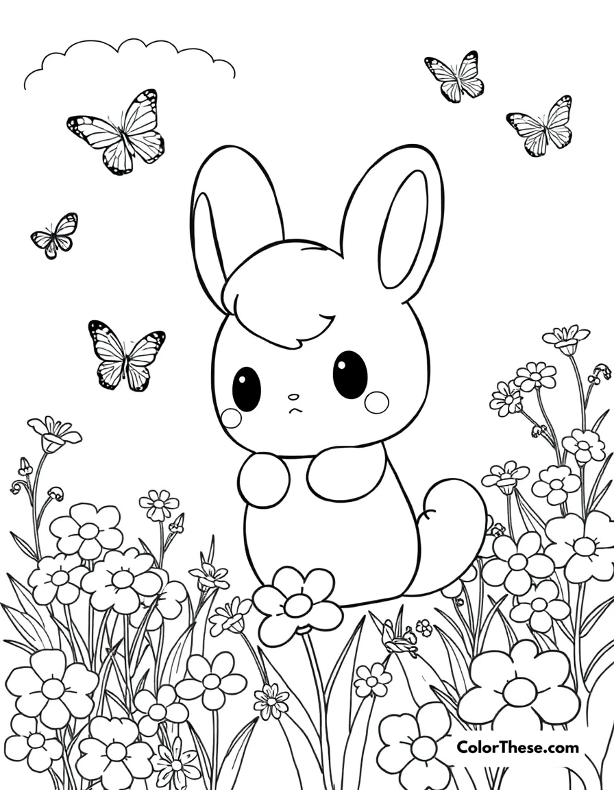 Free printable cinnamoroll in the garden coloring page for kids and adults. Cinnamoroll enjoying a beautiful day among flowers and butterflies.