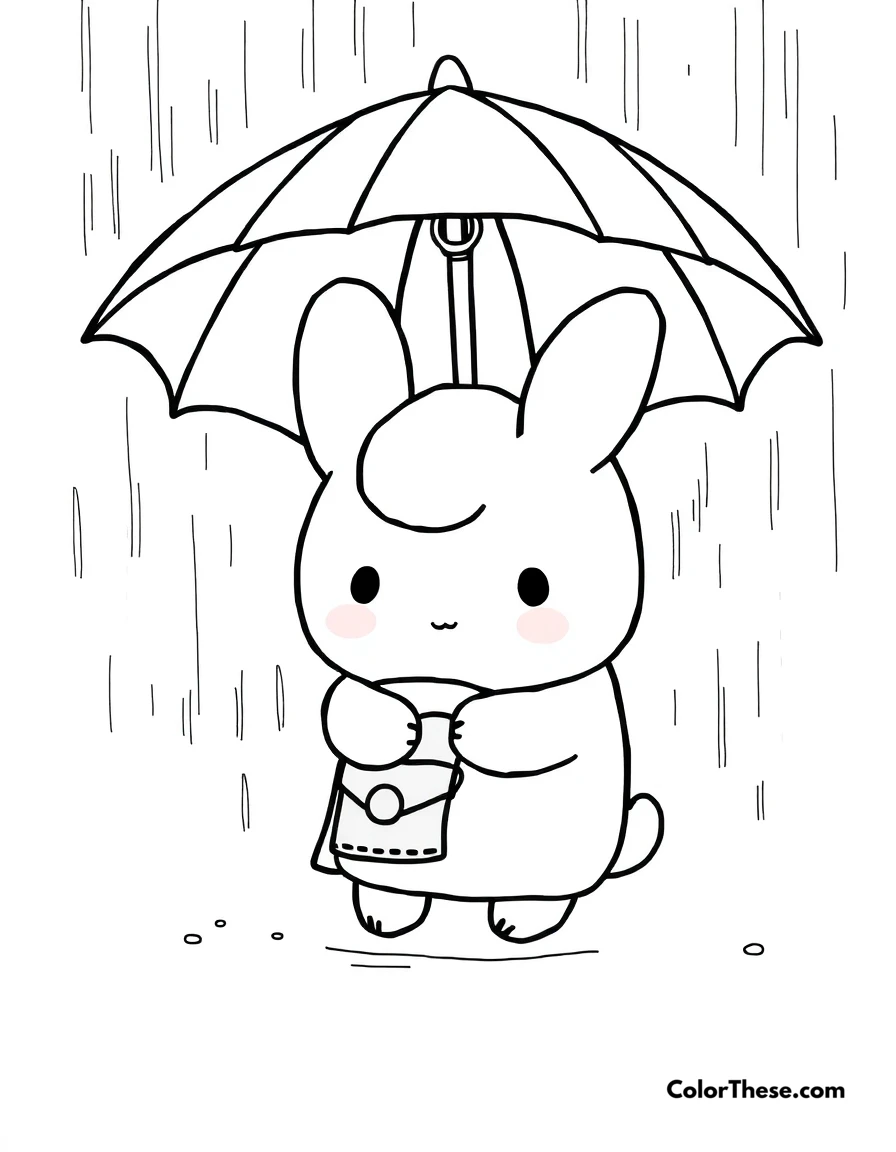 Free printable cinnamoroll rainy day coloring page for kids and adults. Cinnamoroll staying cozy with an umbrella on a rainy day.