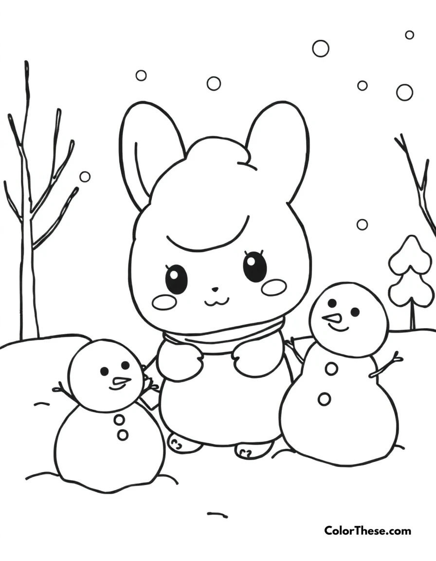 Free printable cinnamoroll winter fun coloring page for kids and adults. Cinnamoroll playing in the snow and making snowmen.