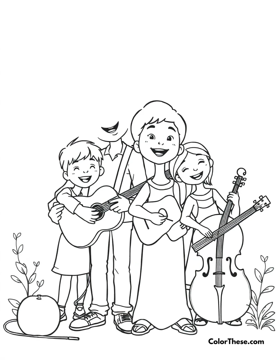 Free printable family music time coloring page for kids and adults. JJ and his family making music together with various instruments.
