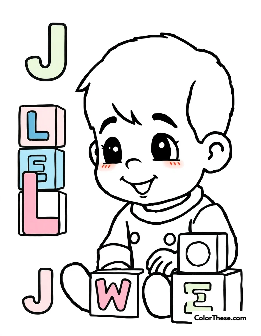 Free printable learning abc's coloring page for kids and adults. JJ learning his letters with colorful alphabet blocks.