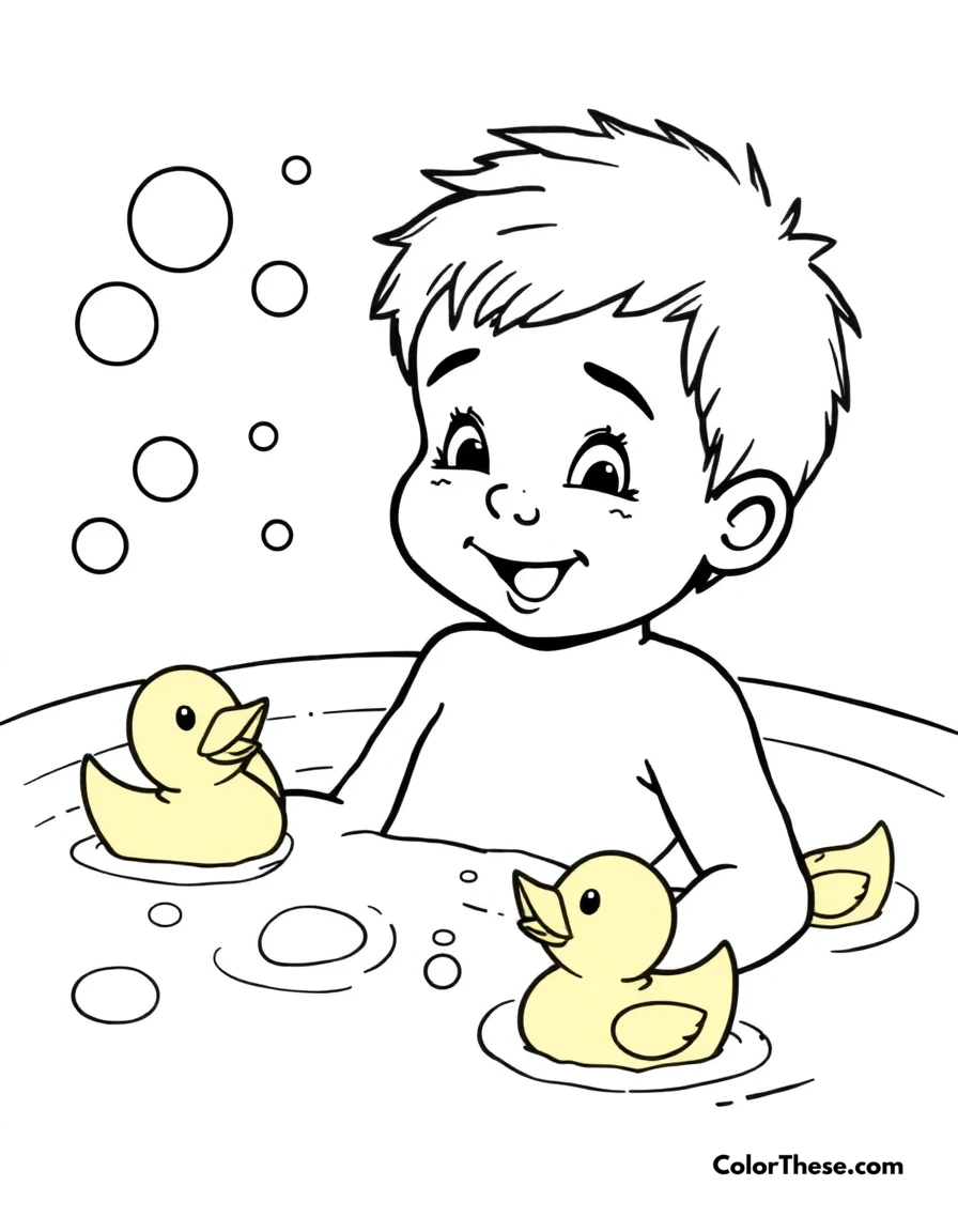 Free printable bath time fun coloring page for kids and adults. JJ enjoying bath time with rubber ducks and bubbles.