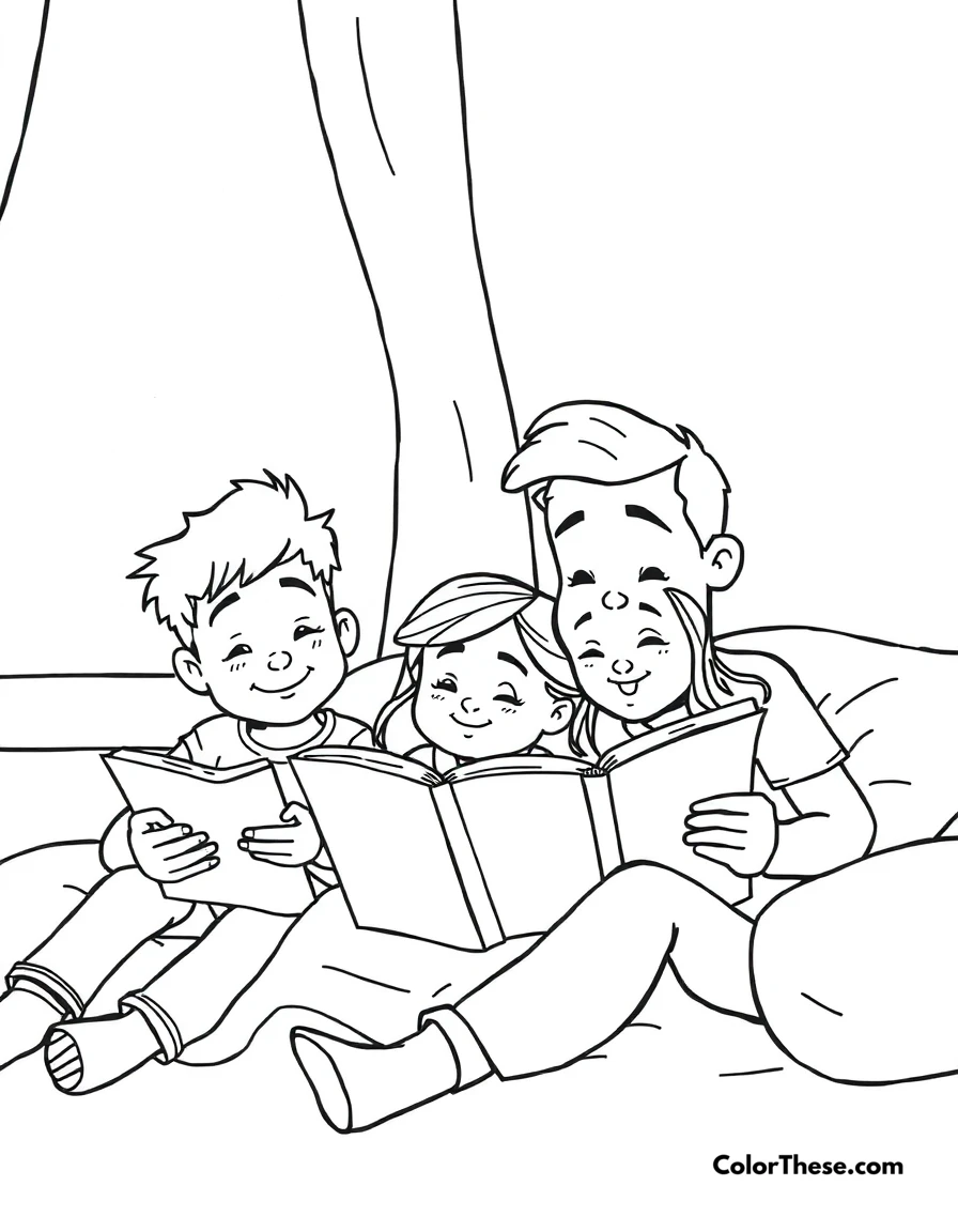 Free printable bedtime stories coloring page for kids and adults. JJ and his family reading bedtime stories together.