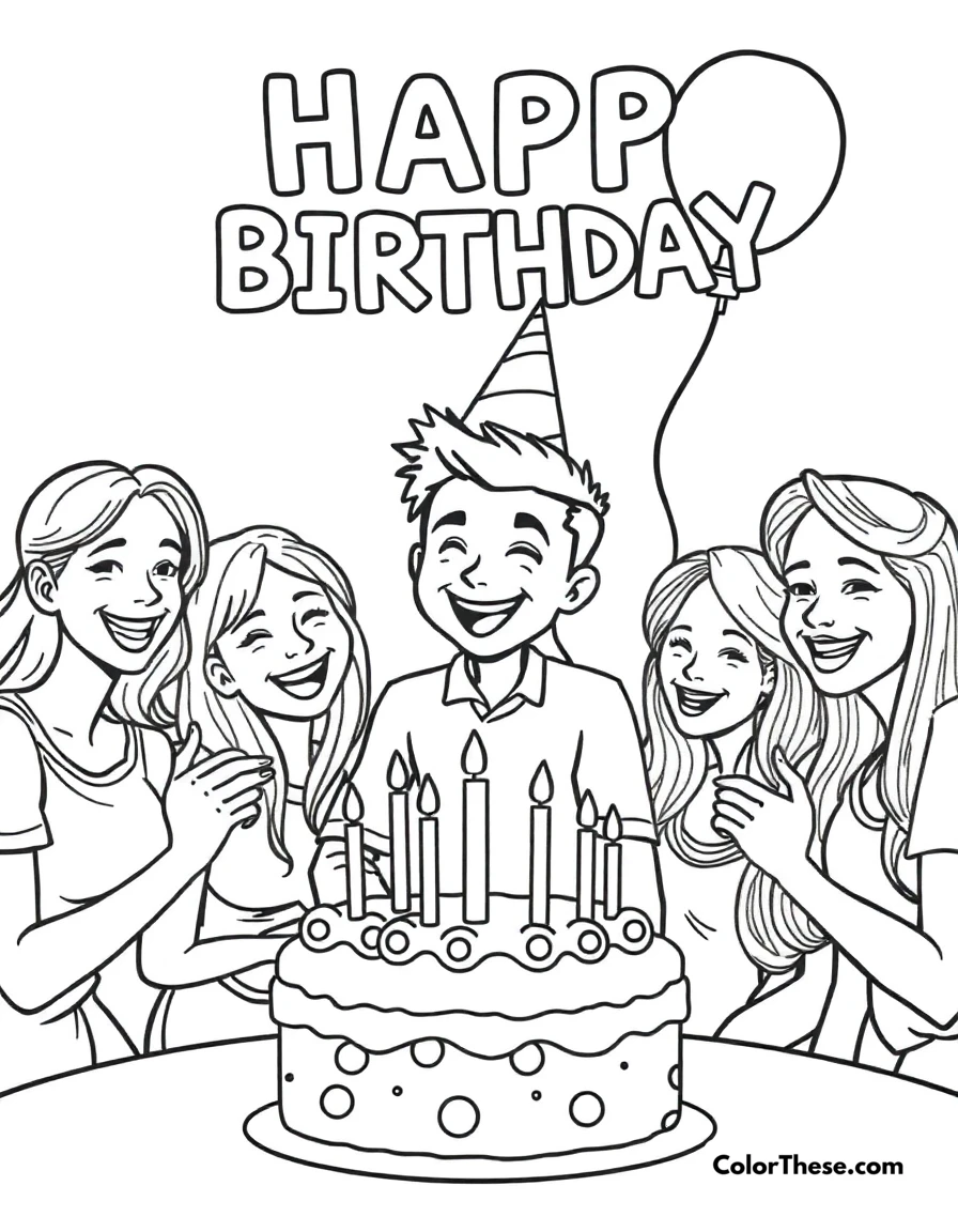 Free printable birthday party coloring page for kids and adults. JJ celebrating a birthday with friends and family.