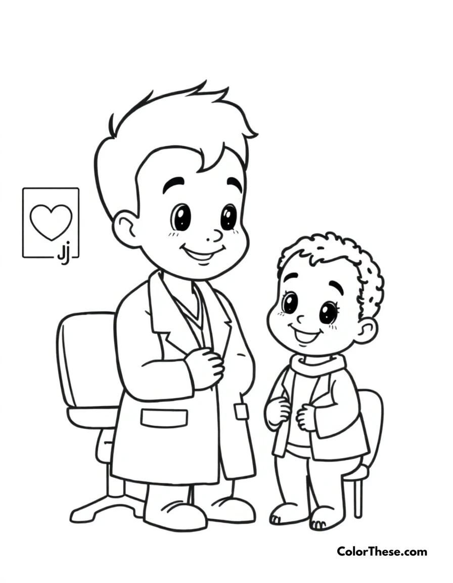 Free printable doctor visit coloring page for kids and adults. JJ learning about health at a doctor's checkup.