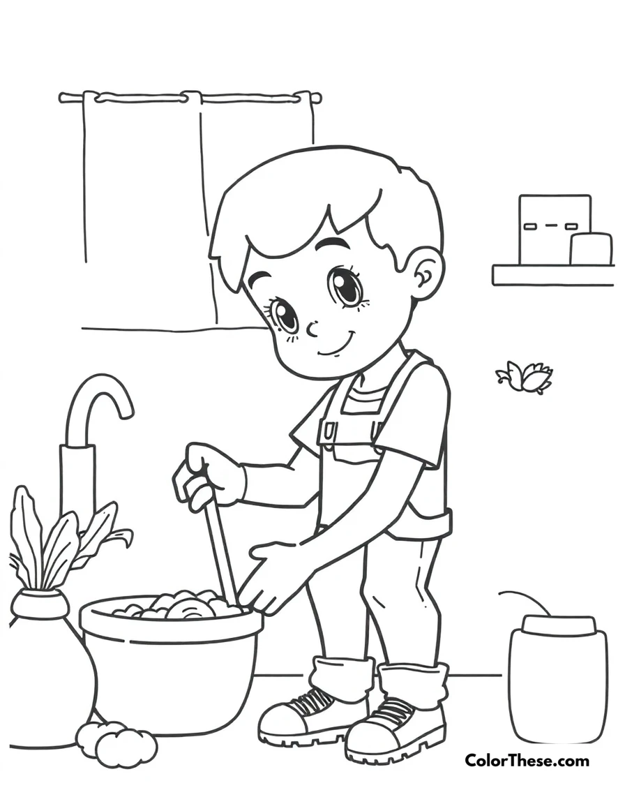 Free printable helping at home coloring page for kids and adults. JJ helping with household chores and activities.