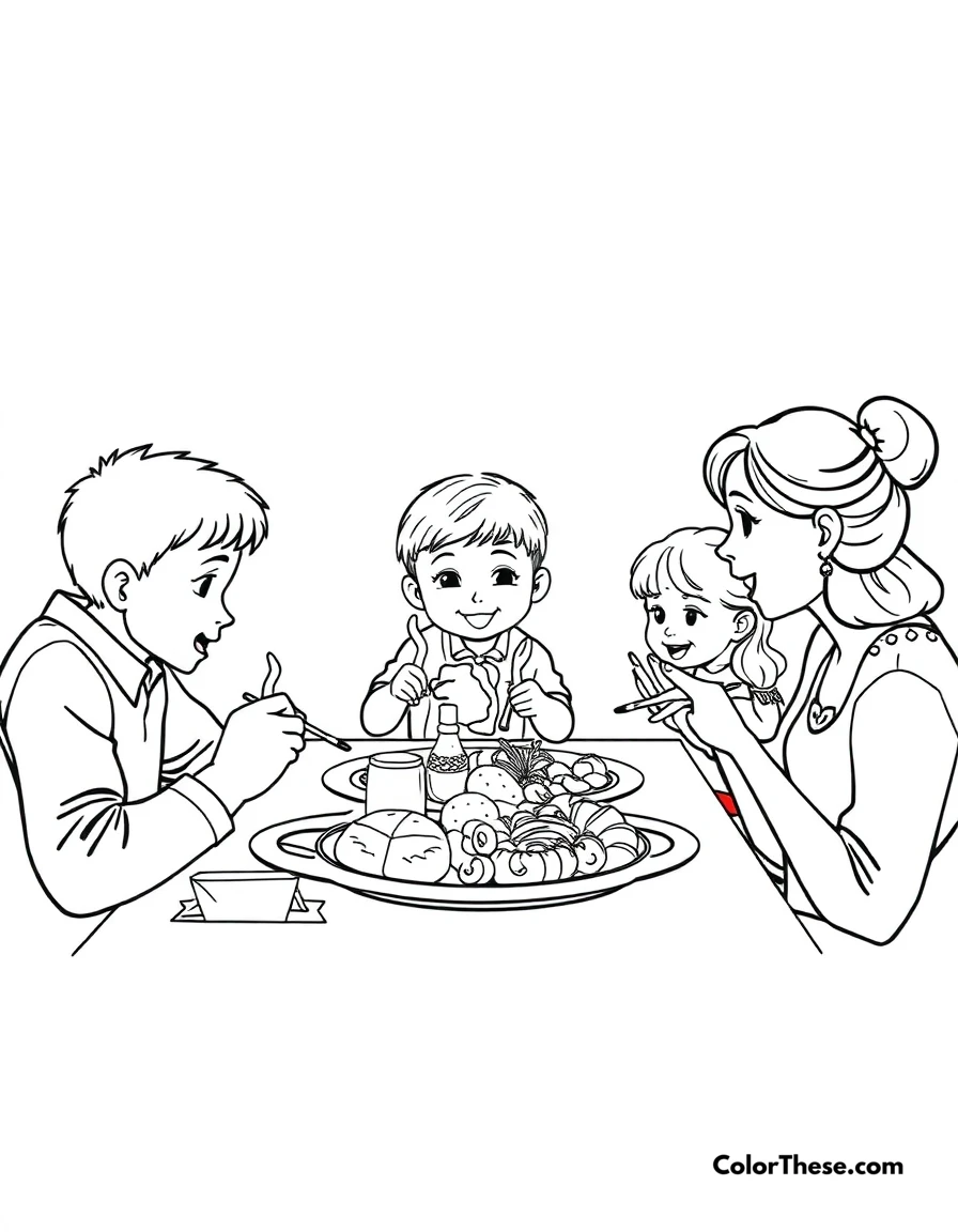 Free printable mealtime together coloring page for kids and adults. JJ and family enjoying a meal together.