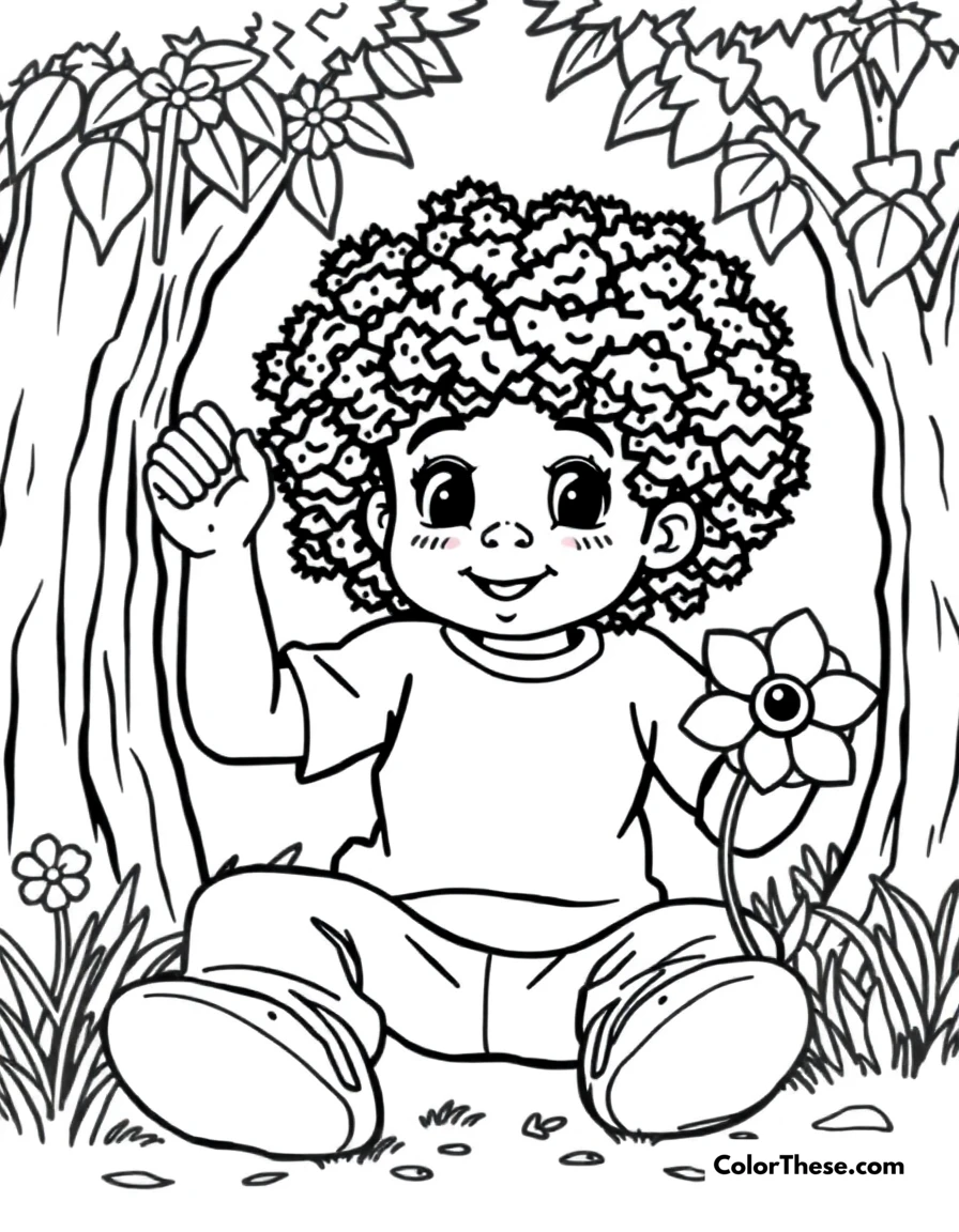 Free printable outdoor adventures coloring page for kids and adults. JJ exploring nature and playing outside.