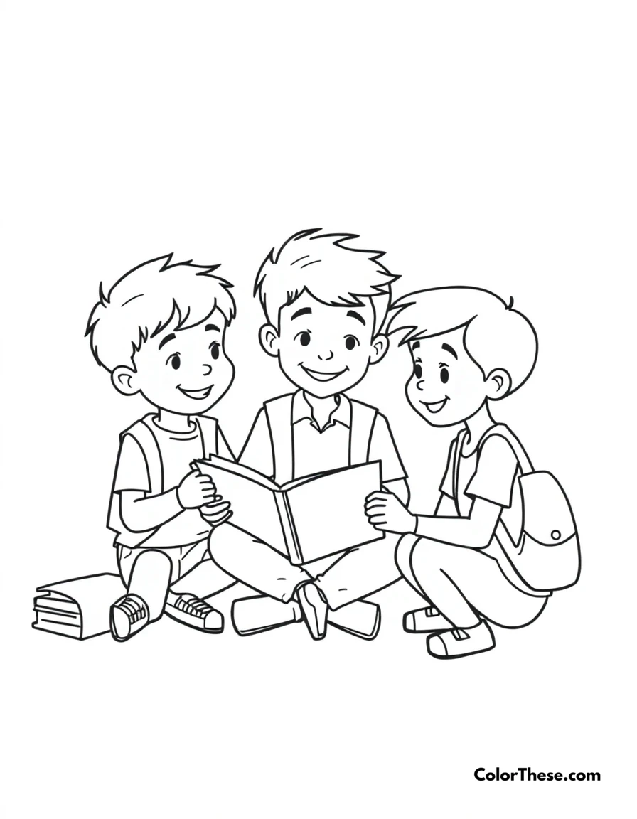 Free printable school time coloring page for kids and adults. JJ learning and playing at school with his friends.