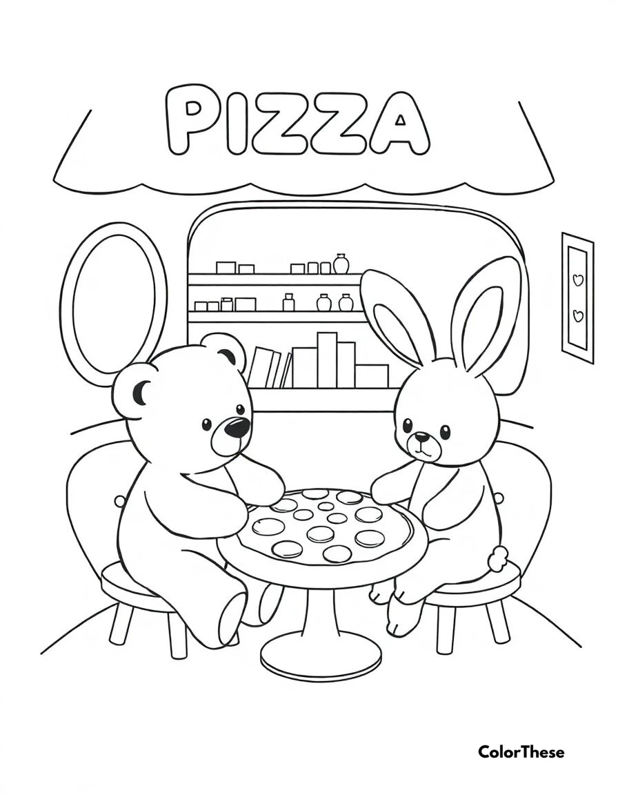 Free printable cozy pizza party with bunny and bear coloring page for kids and adults. Get ready to color a fun and delicious scene where Bunny and Bear are enjoying a slice of pizza at their favorite pizza restaurant!