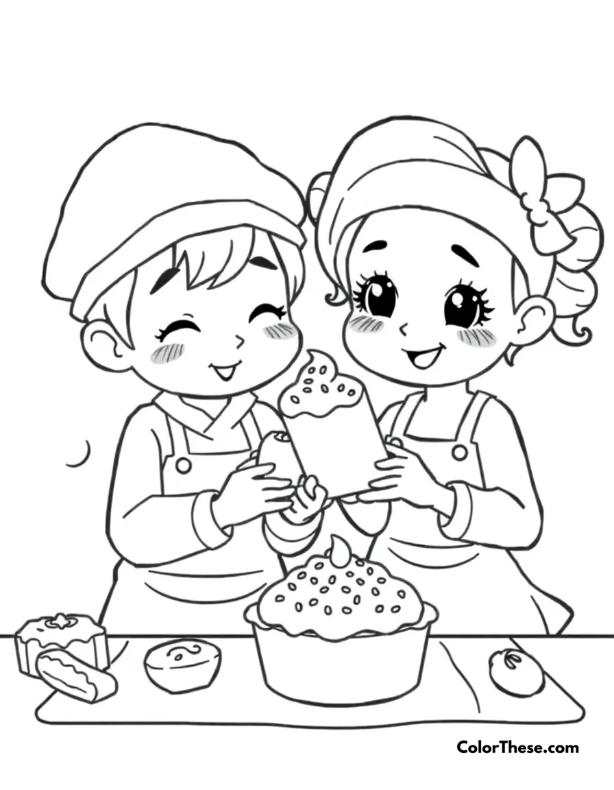 Free printable baking day coloring page for kids and adults. Adorable characters baking sweet treats together.