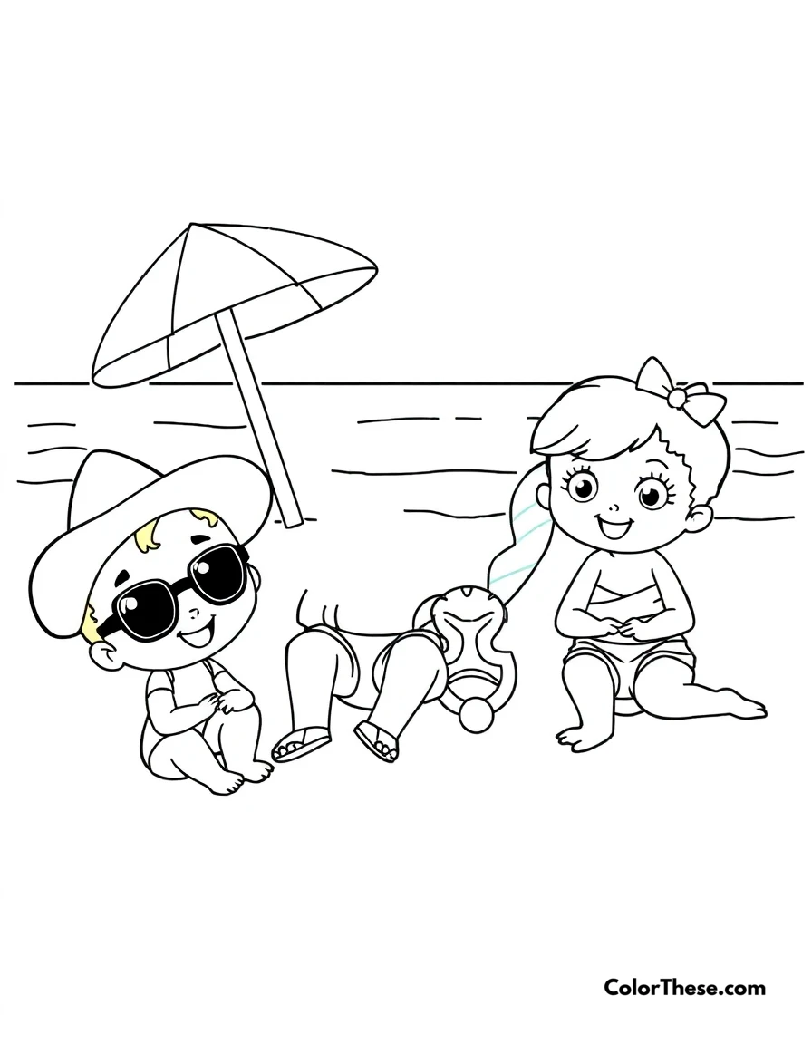 Free printable beach buddies coloring page for kids and adults. Adorable characters having fun at the beach.
