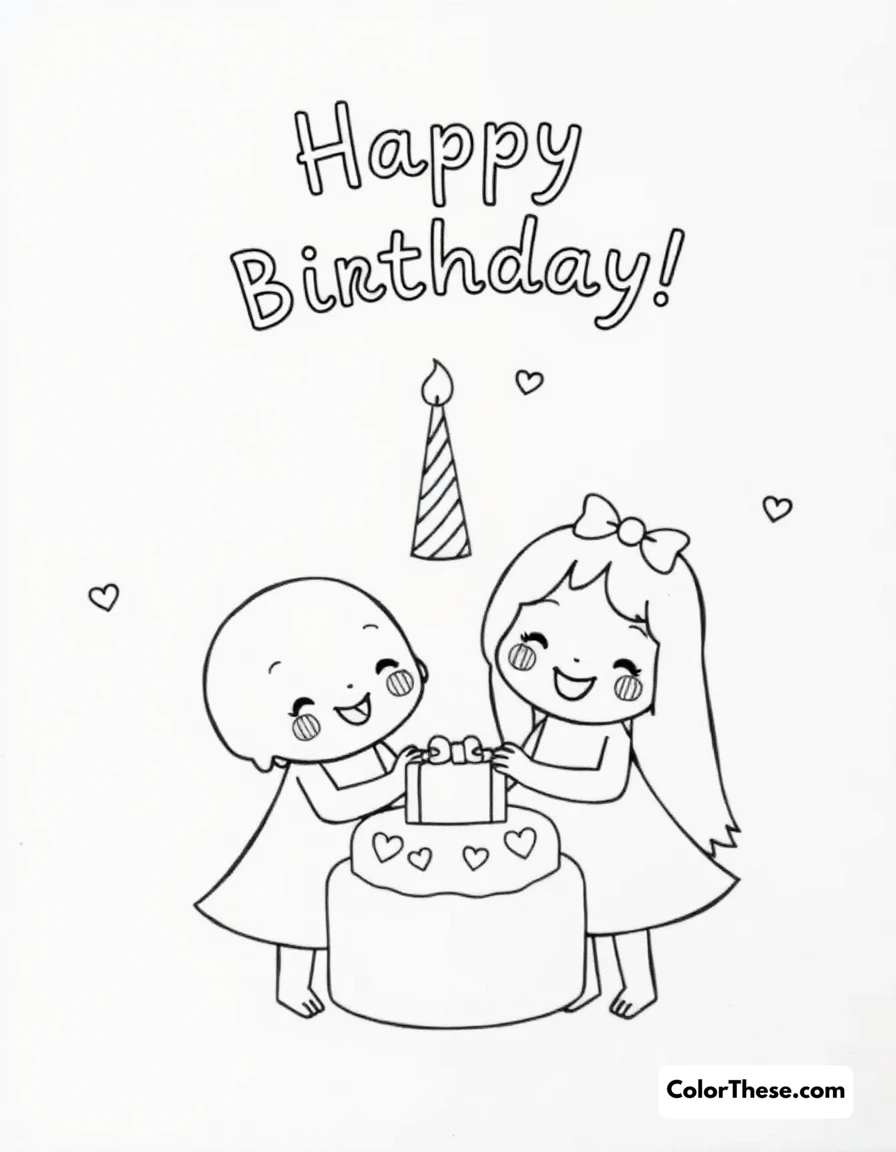 Free printable birthday buddies coloring page for kids and adults. Sweet characters celebrating a happy birthday together.