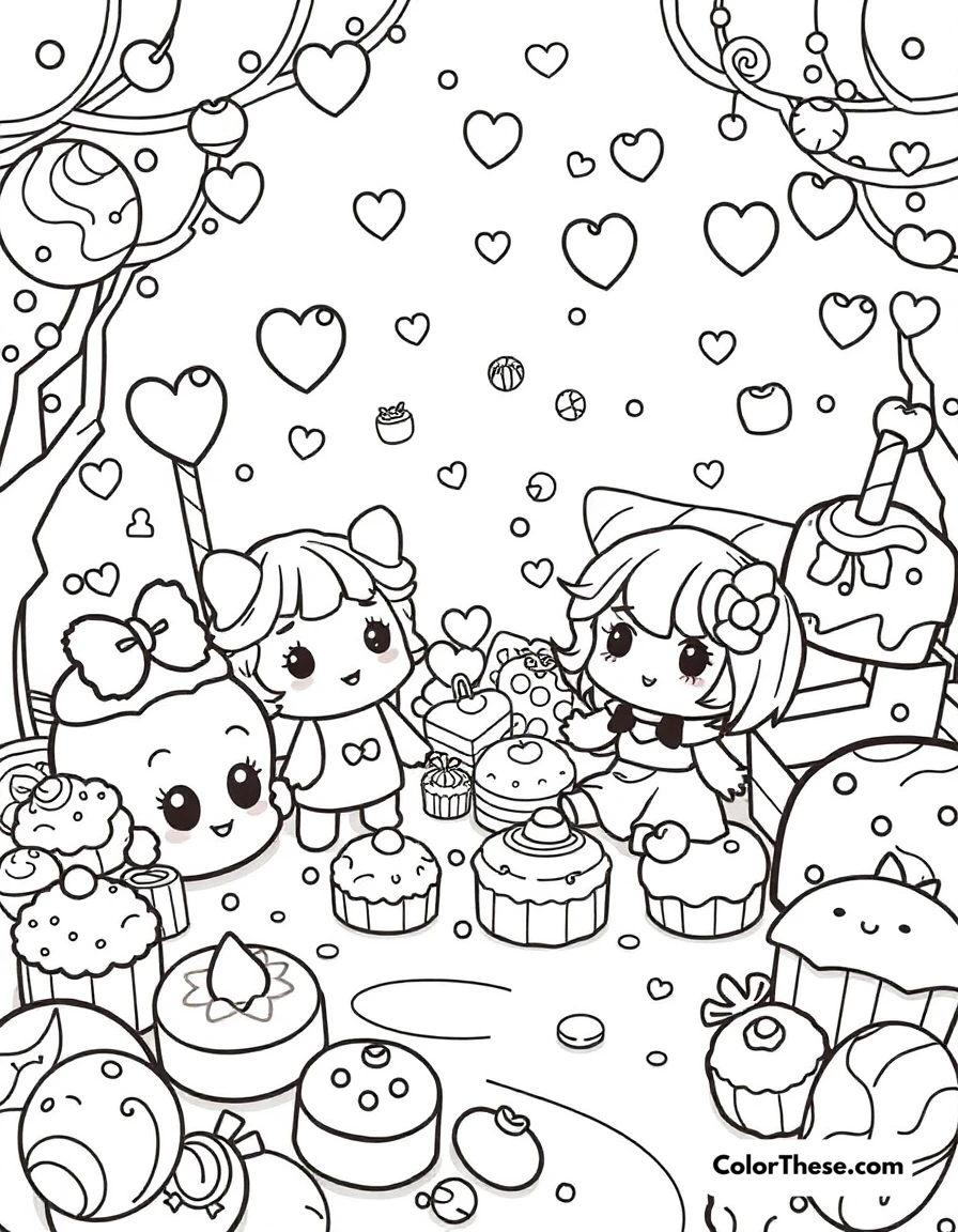 Free printable candy land coloring page for kids and adults. Adorable characters in a world made of sweets and treats.