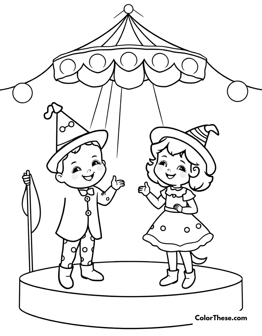 Free printable circus fun coloring page for kids and adults. Adorable circus performers putting on a sweet show.