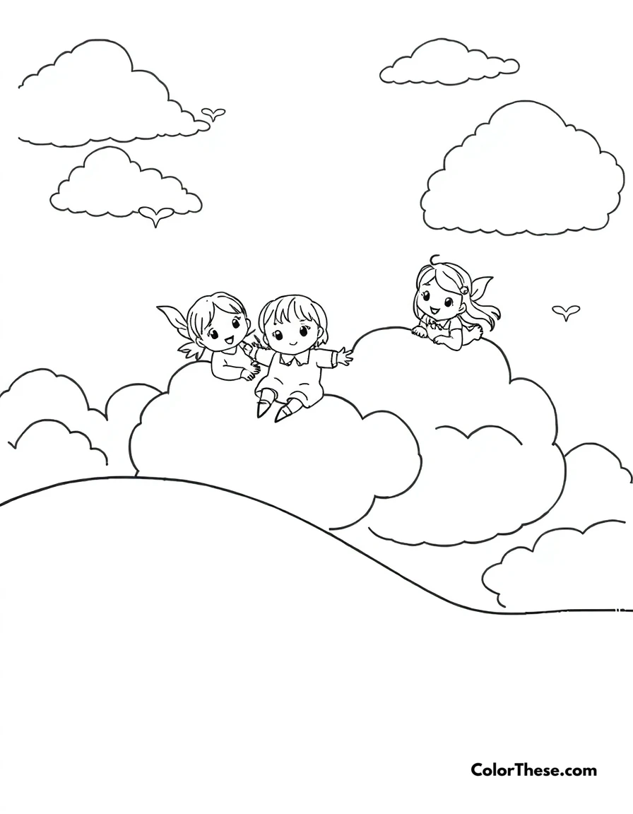Free printable cloud friends coloring page for kids and adults. Sweet characters playing on fluffy clouds in the sky.