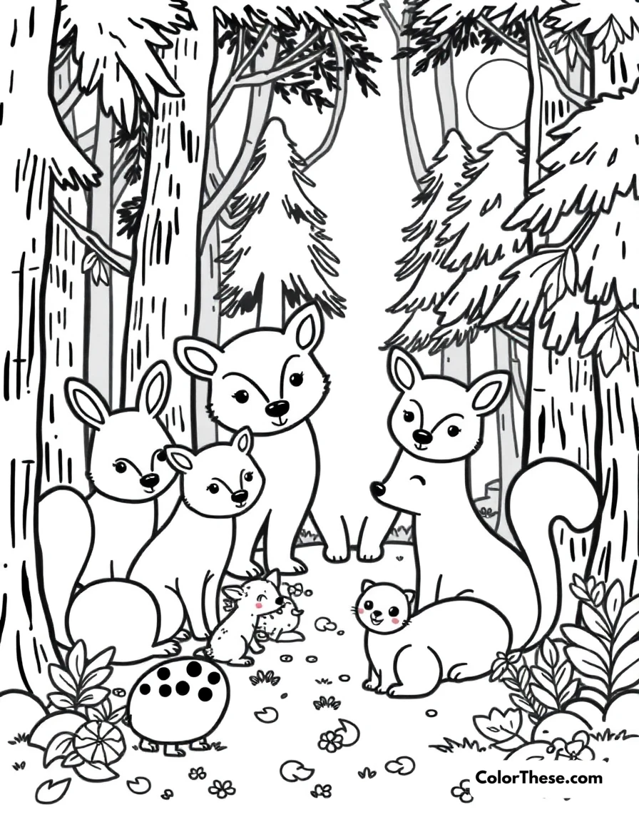 Free printable forest friends coloring page for kids and adults. Adorable woodland animals gathering in the forest.