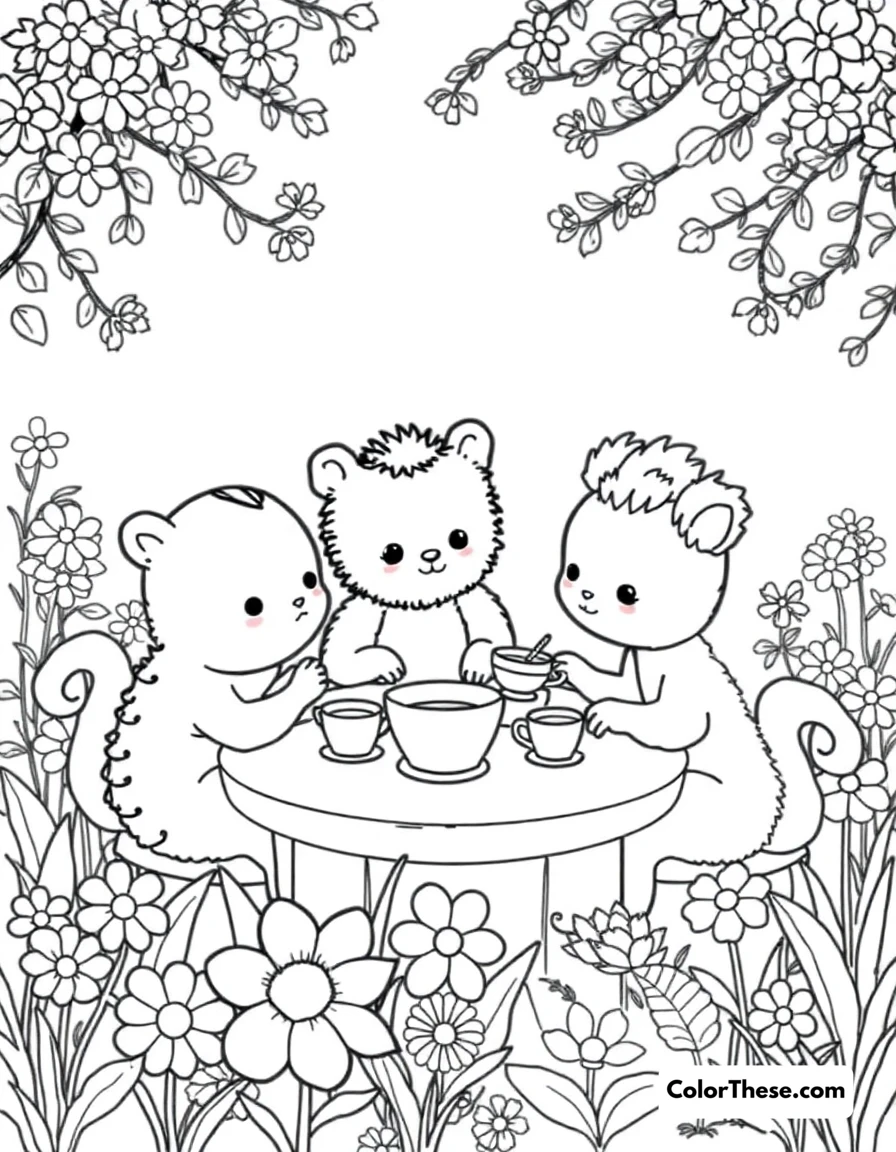 Free printable garden party coloring page for kids and adults. Cute creatures having a tea party in a flower garden.