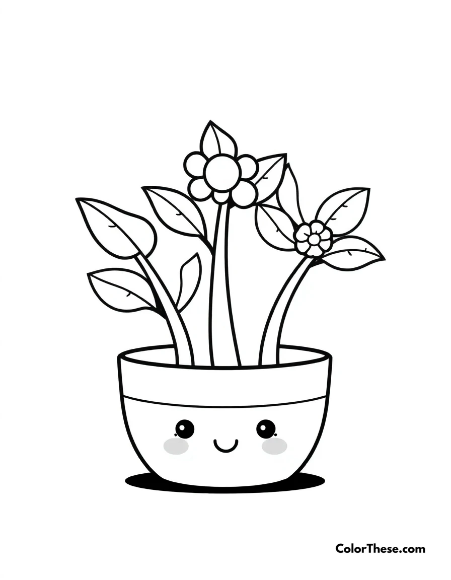 Free printable happy plants coloring page for kids and adults. Kawaii potted plants with sweet smiling faces.