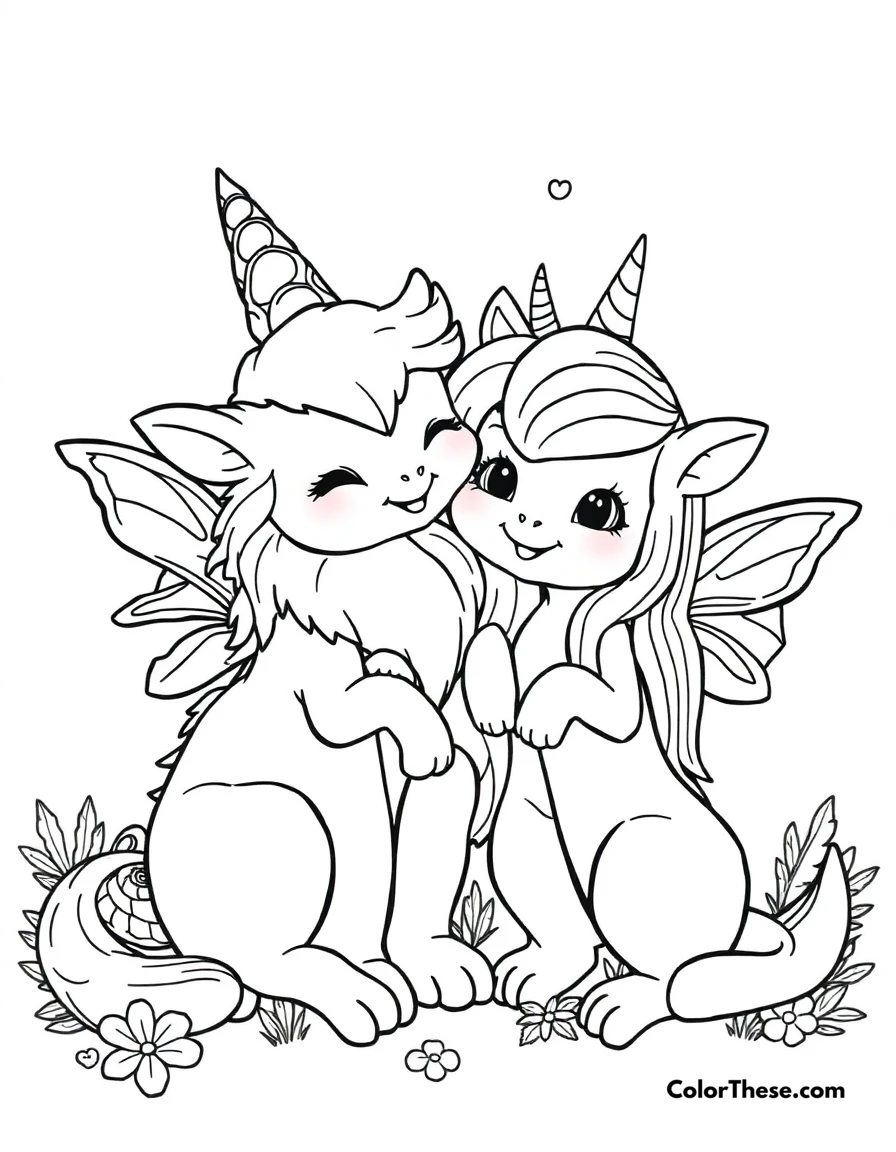 Free printable magical friends coloring page for kids and adults. Adorable magical creatures having fun together.