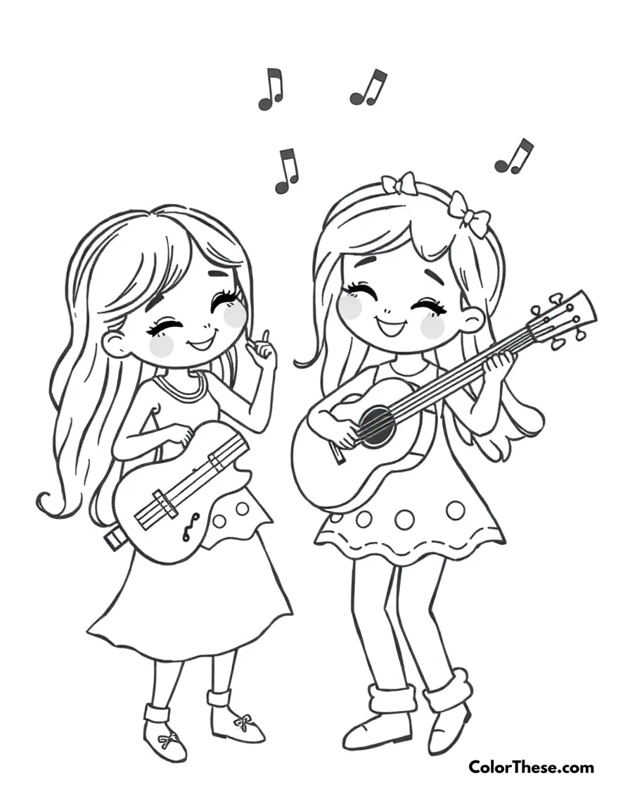 Free printable music friends coloring page for kids and adults. Sweet characters playing music and dancing together.
