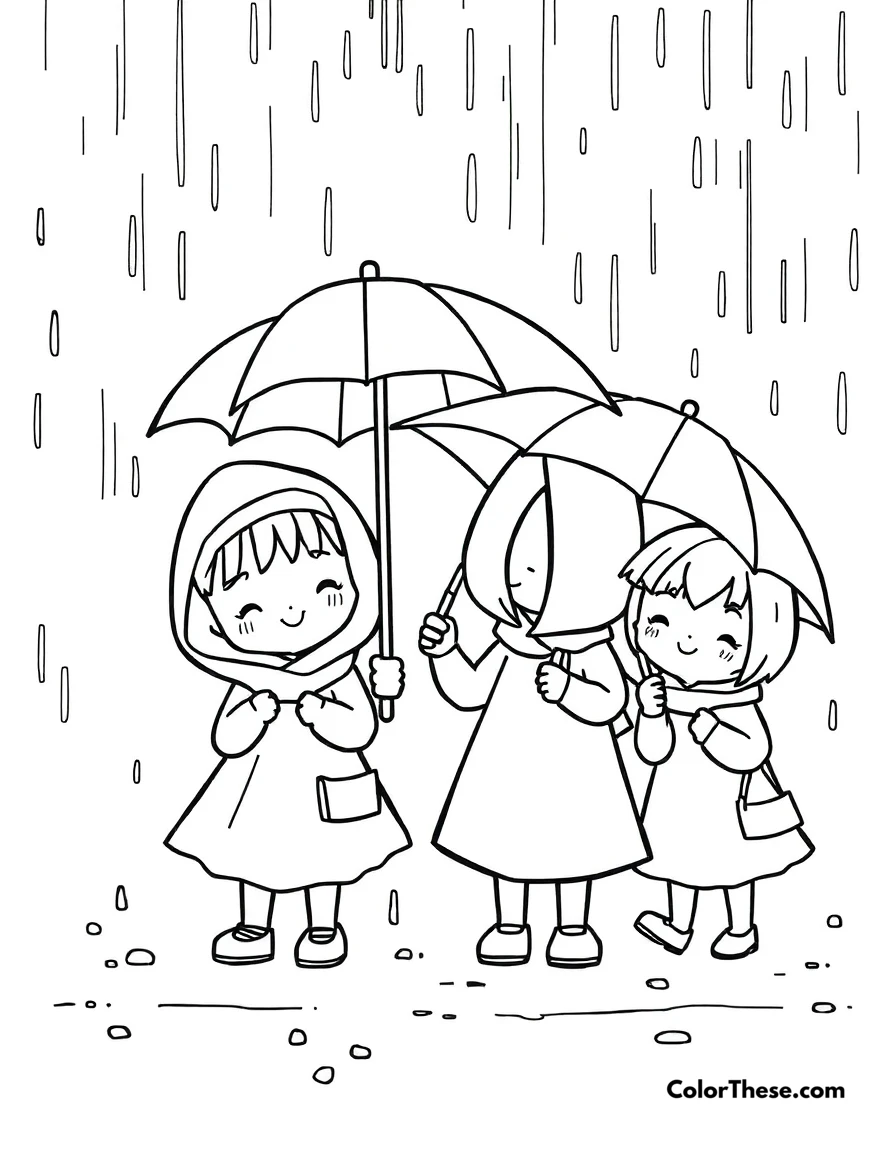 Free printable rainy day cuties coloring page for kids and adults. Adorable characters enjoying a rainy day with umbrellas.