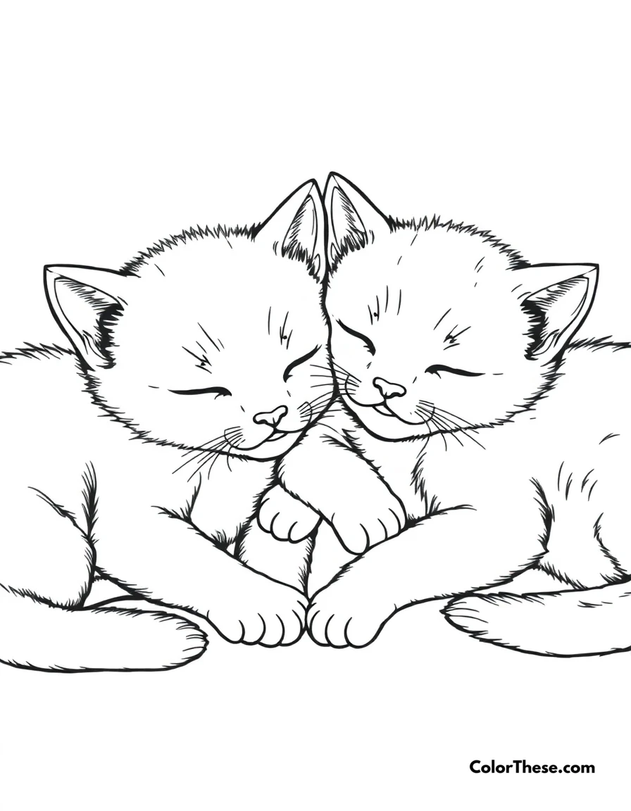 Free printable sleepy kitties coloring page for kids and adults. Adorable kittens taking a cozy nap together.