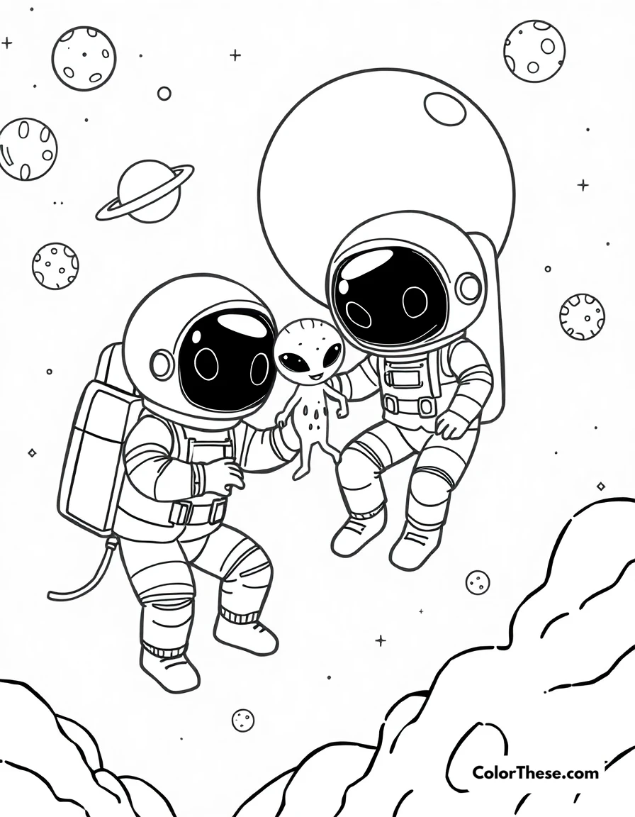 Free printable space cuties coloring page for kids and adults. Adorable astronauts and aliens exploring space together.