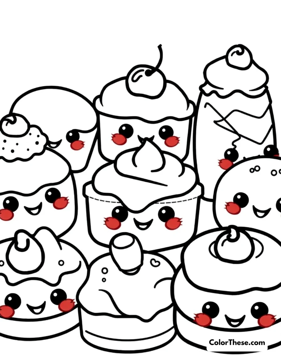 Free printable sweet desserts coloring page for kids and adults. A collection of kawaii desserts with happy faces.